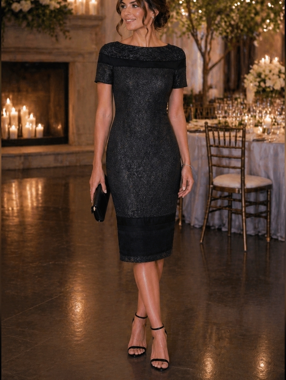 St. John Black Metallic Knit Sheath DressElegant Evening Cocktail Midi.S8